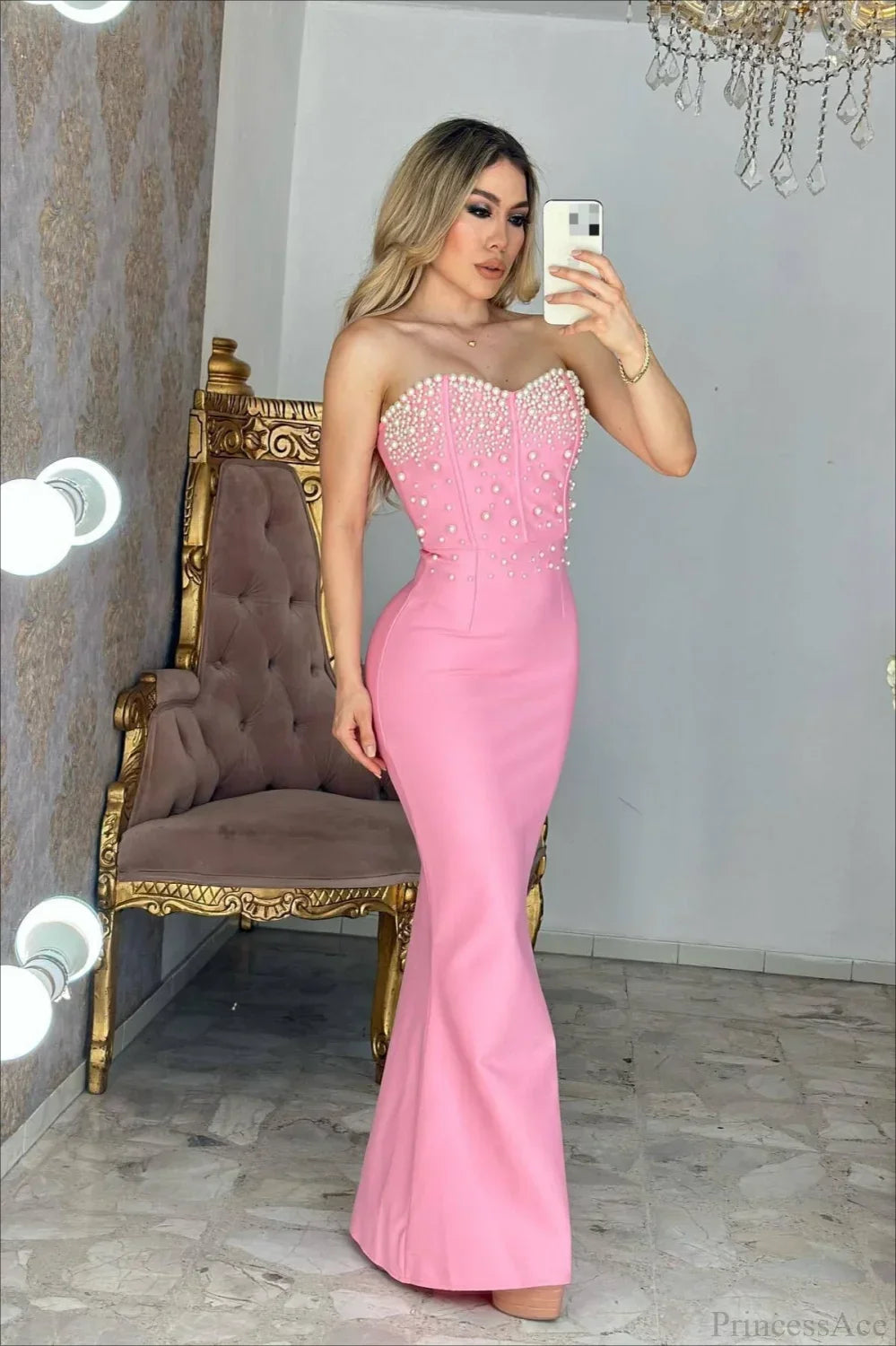 Pearl Beaded Sweetheart Strapless Mermaid Gown 3