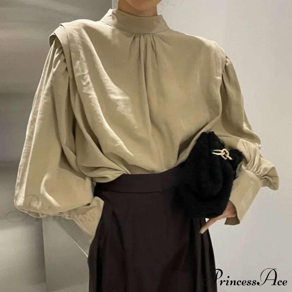 Black Lantern Sleeve Button-Up Blouse - Fashionpara