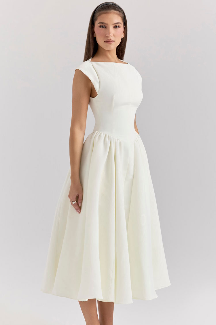Elegant Boat Neck Cap Sleeve Cutout Back Fit & Flare Cocktail Midi Dress