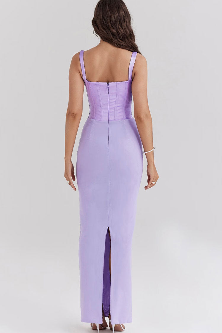 Elegant Bustier Sleeveless Satin Spliced Mesh Bodycon Evening Maxi Dress