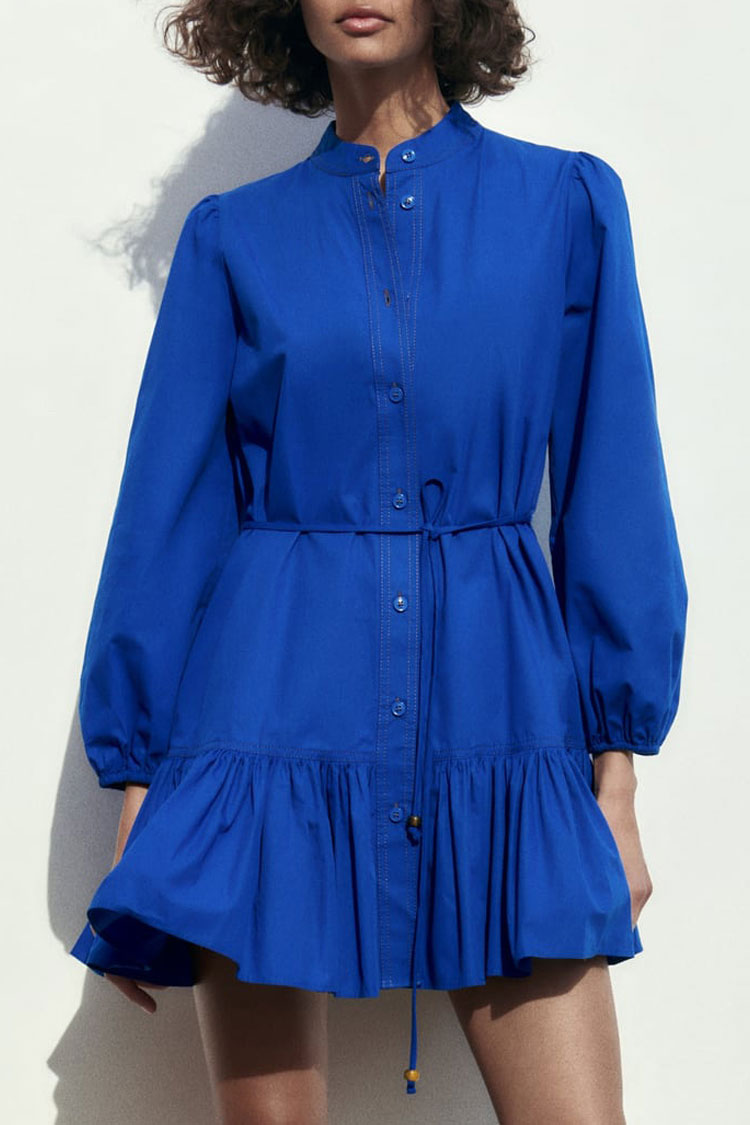Elegant Button Down Bishop Sleeve A line Ruffle Shirt Mini Dress - Royal Blue Fashionpara