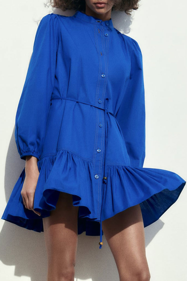Elegant Button Down Bishop Sleeve A line Ruffle Shirt Mini Dress - Royal Blue Fashionpara