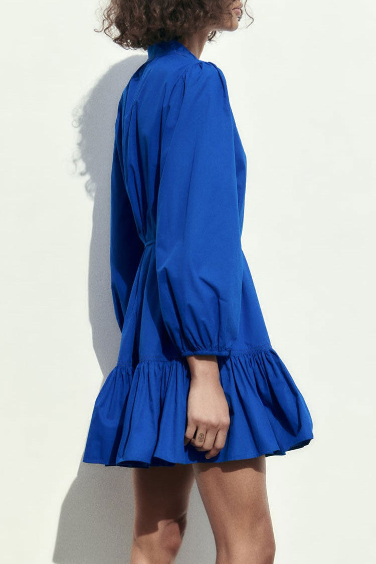 Elegant Button Down Bishop Sleeve A line Ruffle Shirt Mini Dress - Royal Blue Fashionpara
