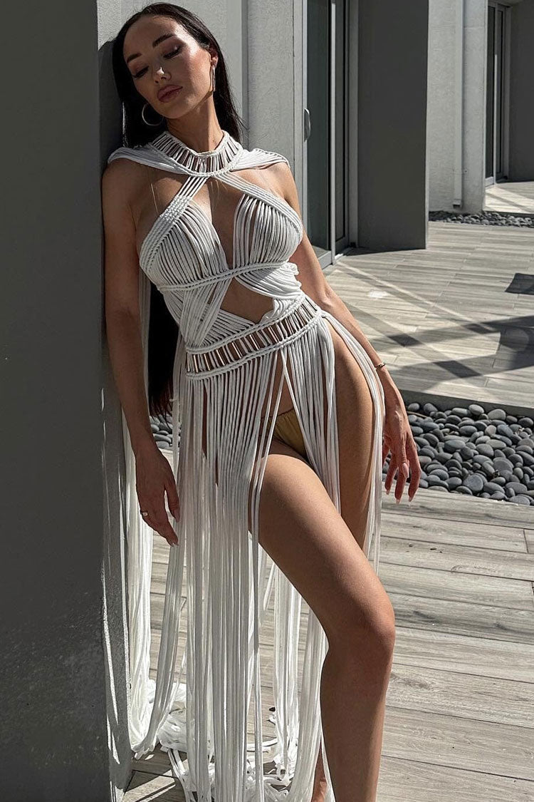 Elegant Cape Macrame Cutout Crochet Fringe Beach Vacation Maxi Dress - White  Fashionpara