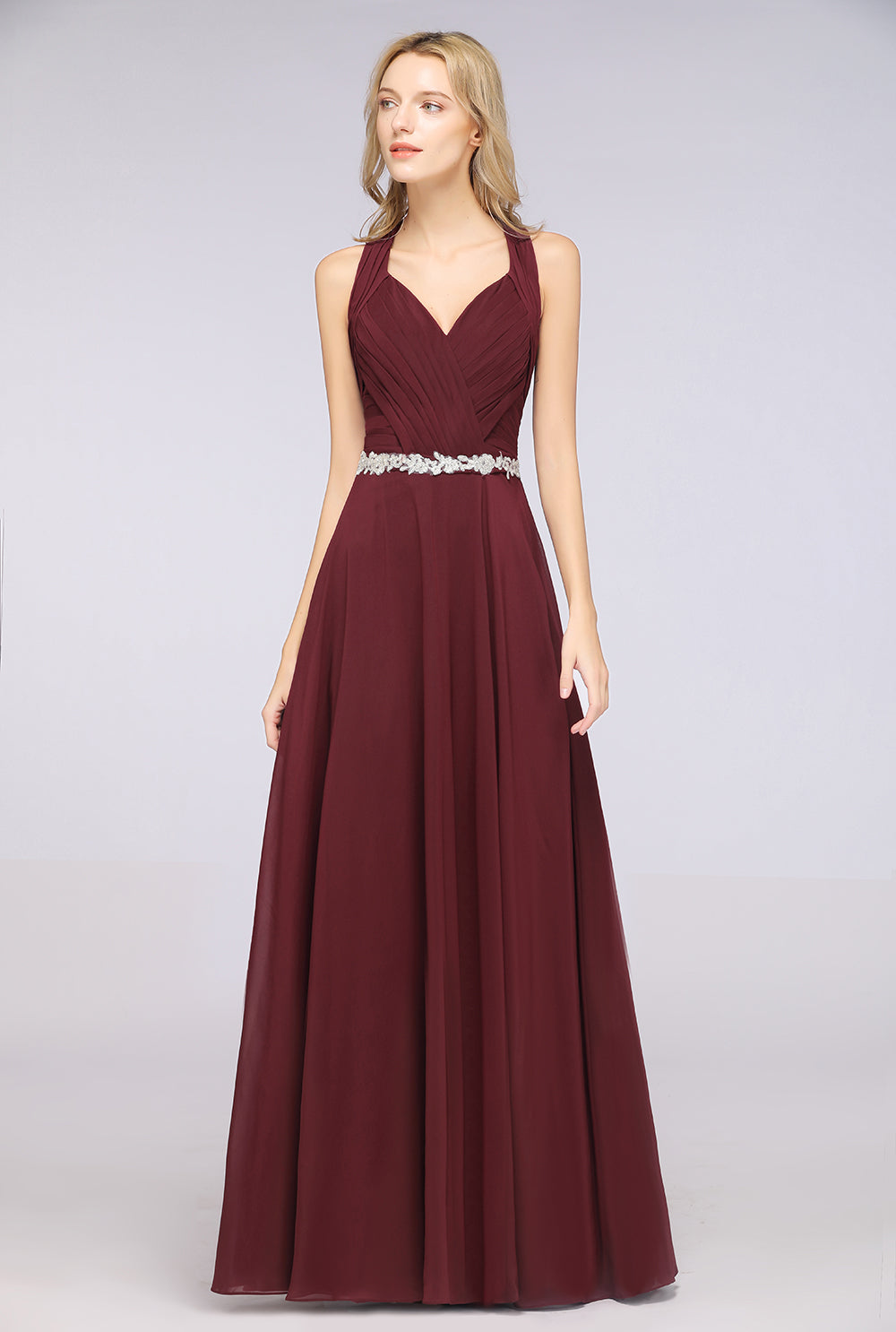 Elegant Chiffon Halter V-Neck Ruffle Bridesmaid Dresses with Appliques Sashes - Fashionpara