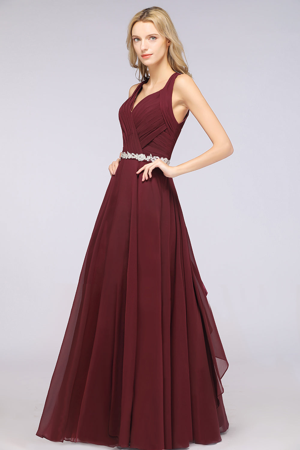 Elegant Chiffon Halter V-Neck Ruffle Bridesmaid Dresses with Appliques Sashes - Fashionpara