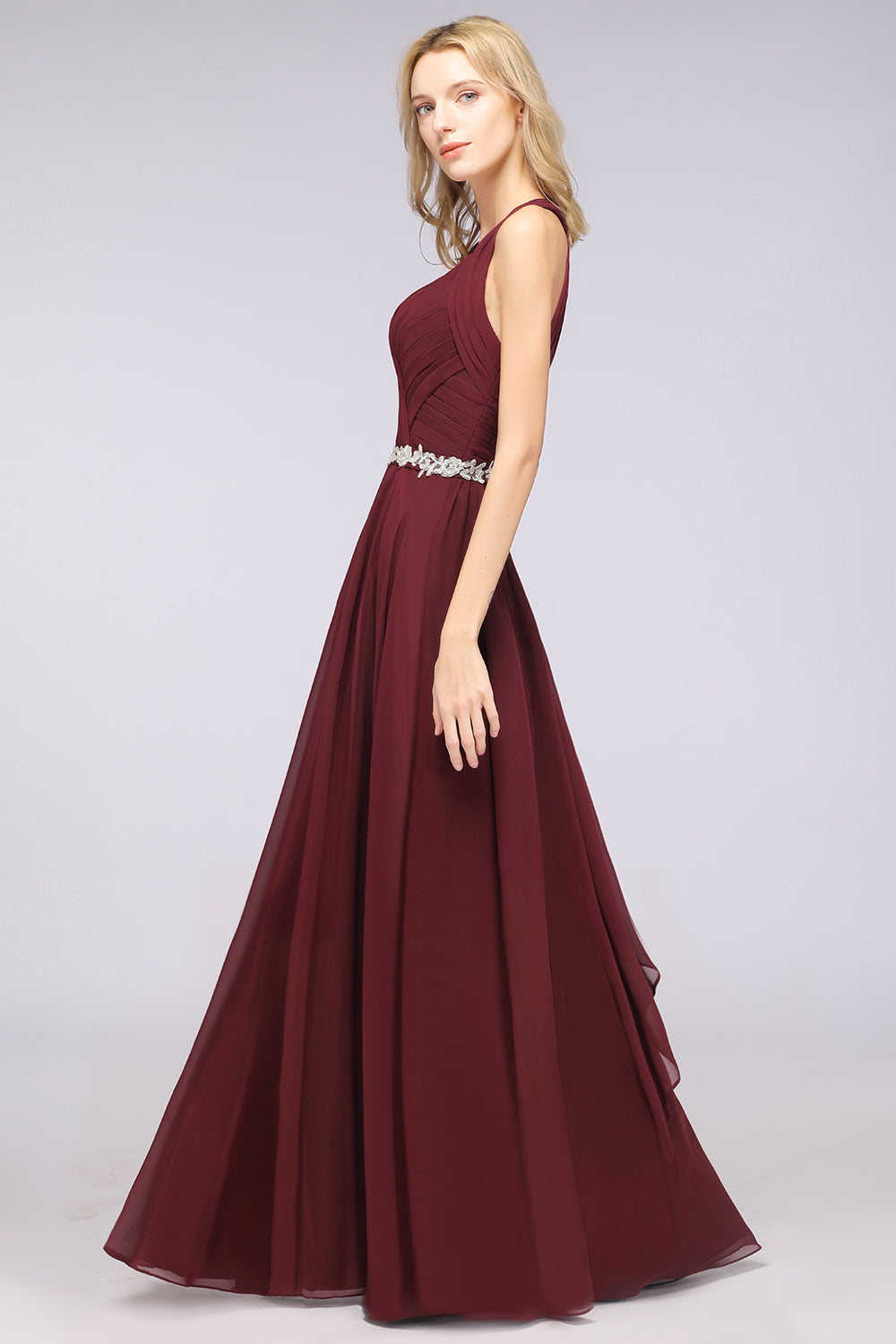 Elegant Chiffon Halter V-Neck Ruffle Bridesmaid Dresses with Appliques Sashes - Fashionpara