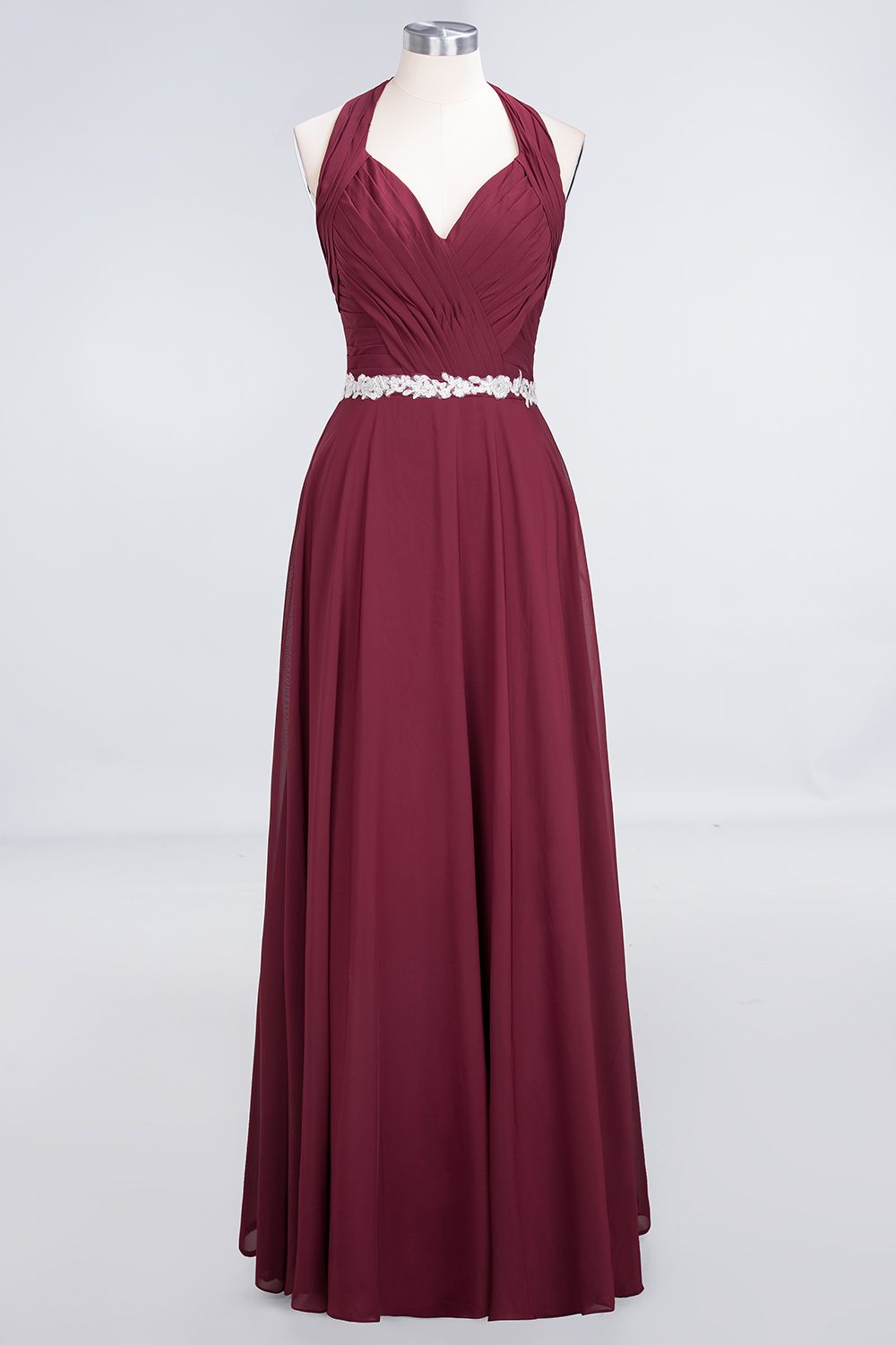 Elegant Chiffon Halter V-Neck Ruffle Bridesmaid Dresses with Appliques Sashes - Fashionpara