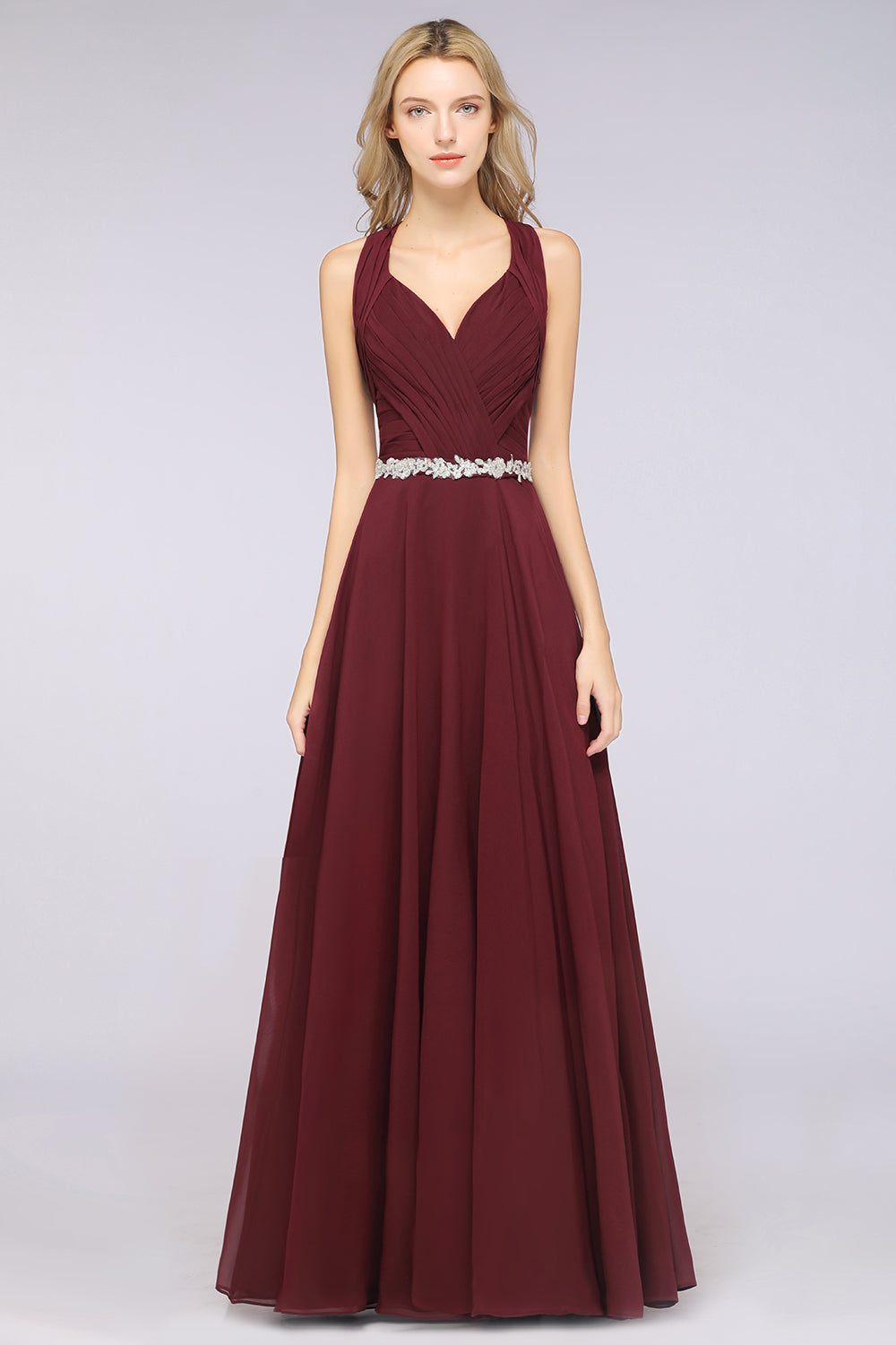 Elegant Chiffon Halter V-Neck Ruffle Bridesmaid Dresses with Appliques Sashes - Fashionpara