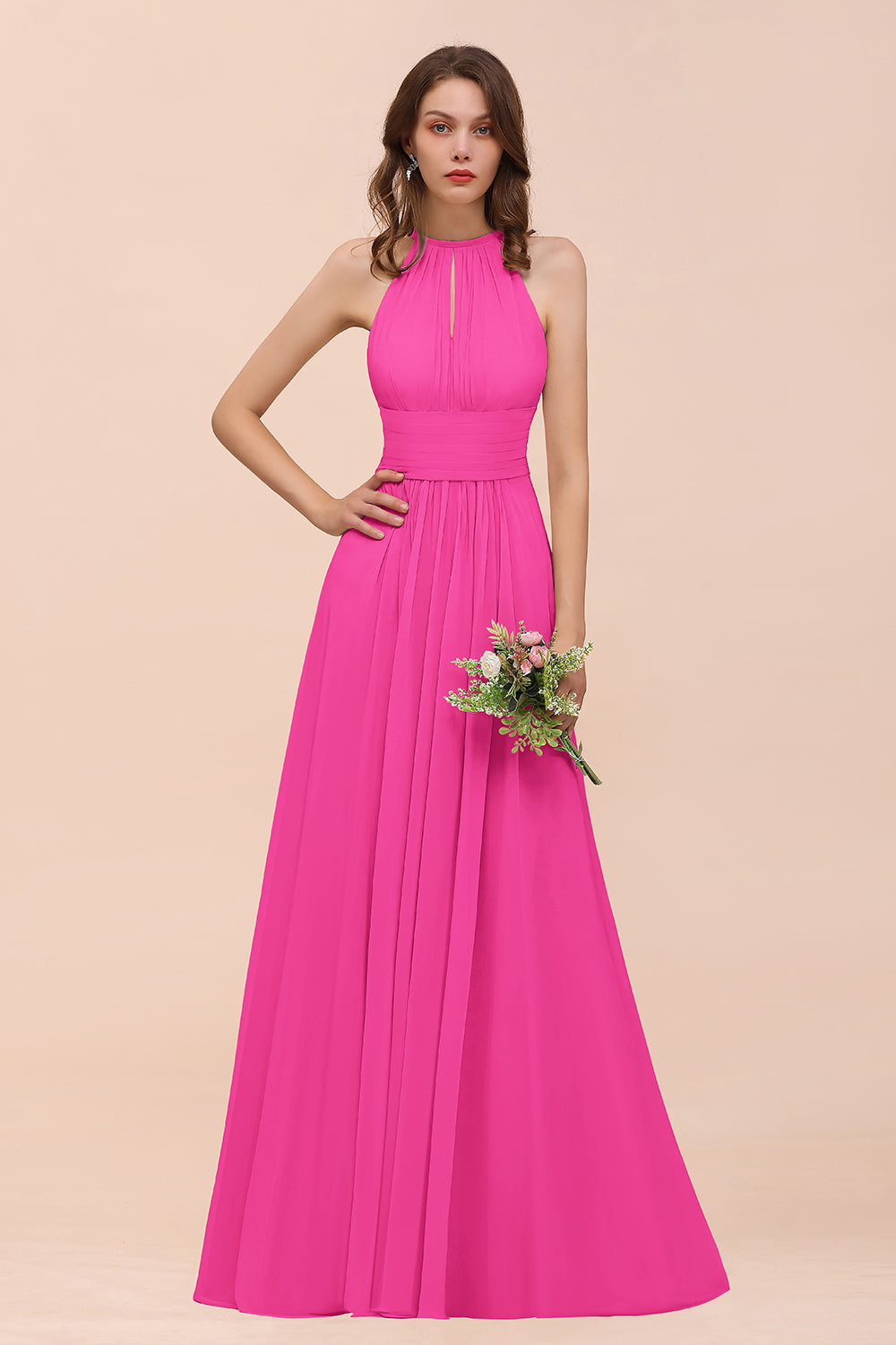 Elegant Chiffon Jewel Ruffle Champagne Affordable Bridesmaid Dresses - Fashionpara