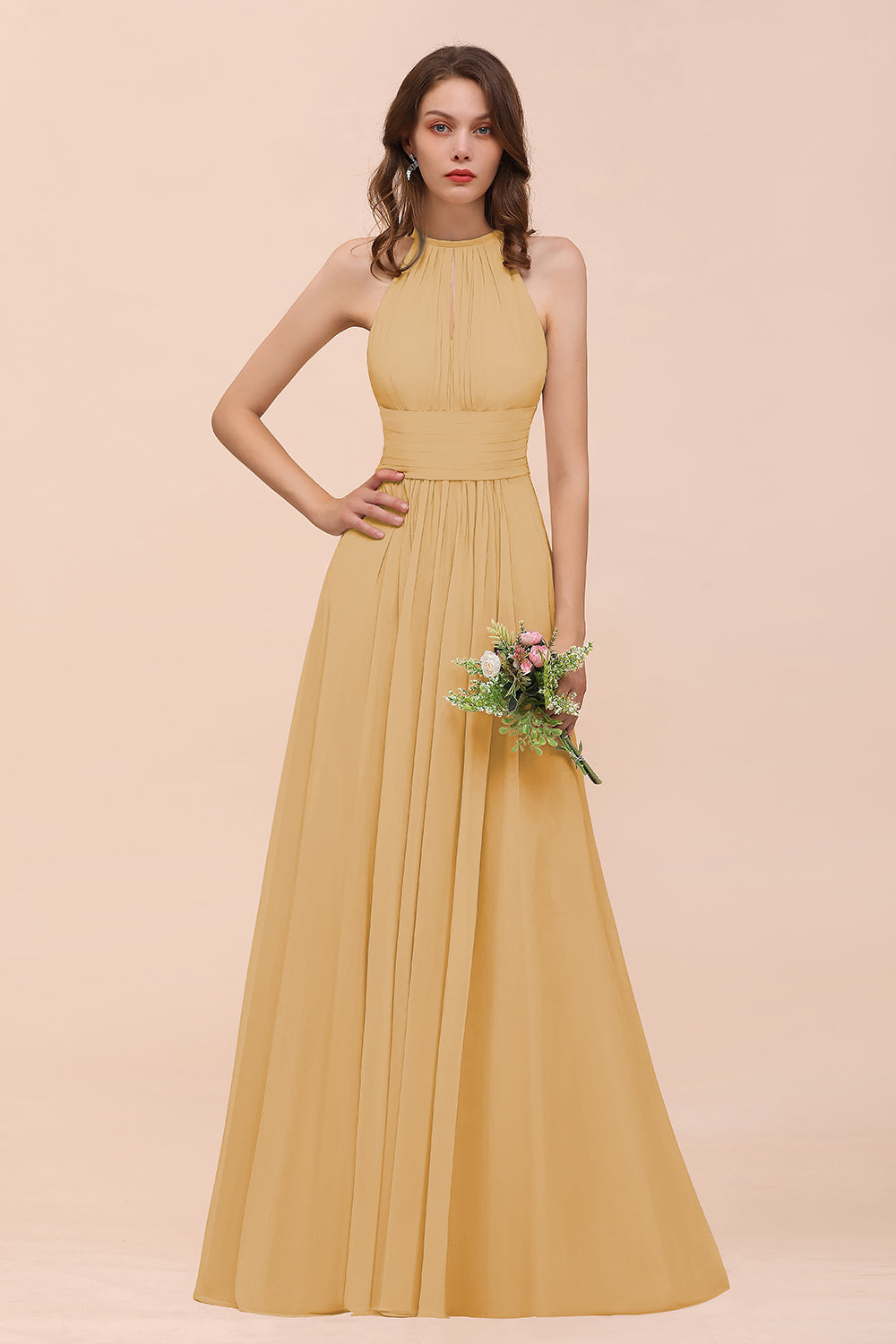 Elegant Chiffon Jewel Ruffle Champagne Affordable Bridesmaid Dresses - Fashionpara