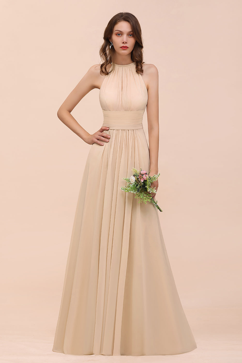 Elegant Chiffon Jewel Ruffle Champagne Affordable Bridesmaid Dresses - Fashionpara