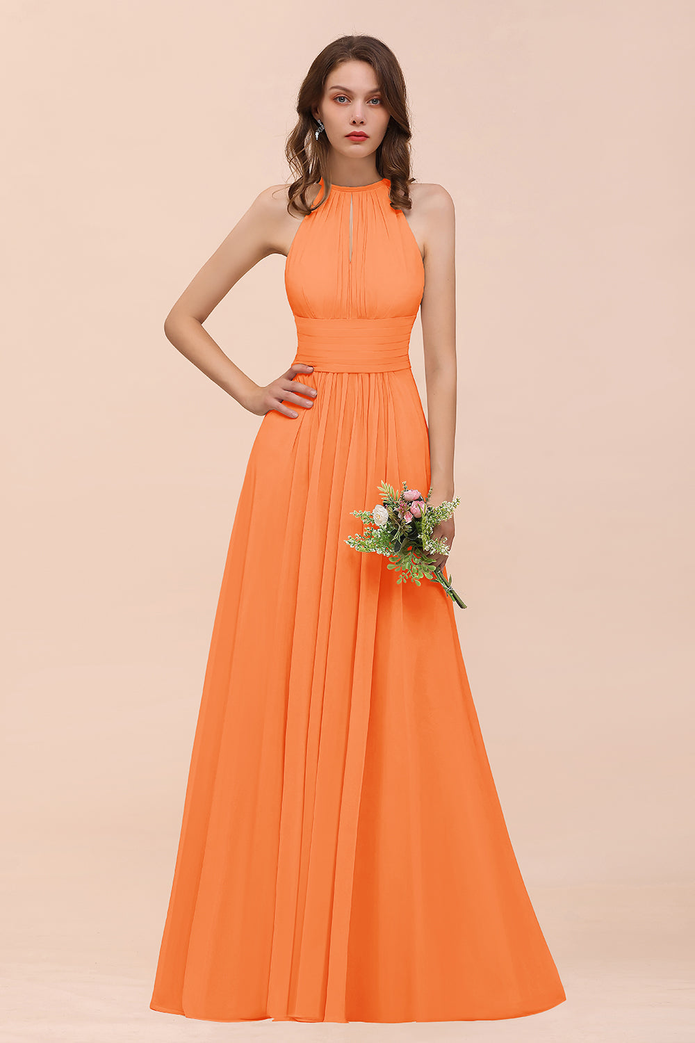 Elegant Chiffon Jewel Ruffle Champagne Affordable Bridesmaid Dresses - Fashionpara