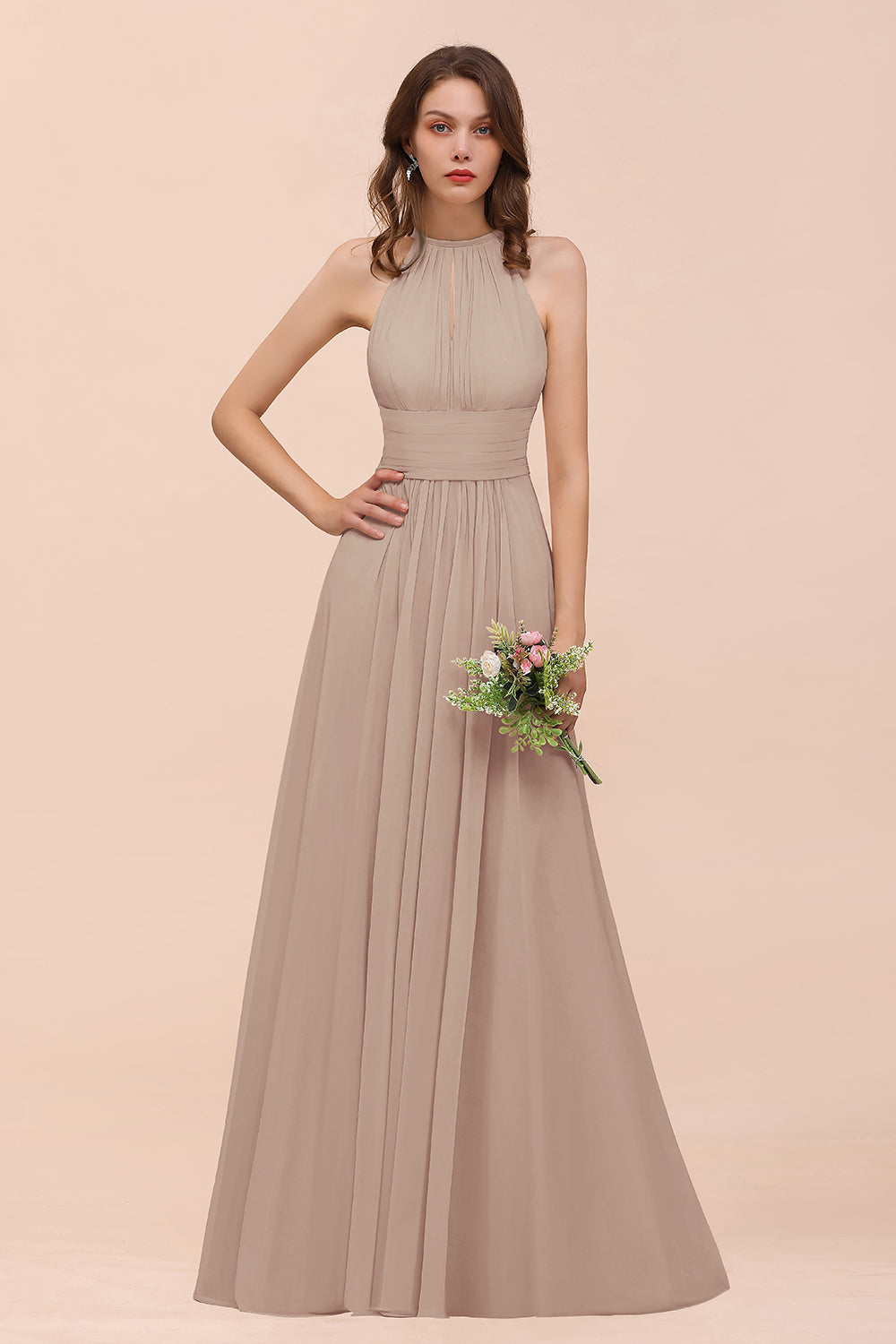 Elegant Chiffon Jewel Ruffle Champagne Affordable Bridesmaid Dresses - Fashionpara