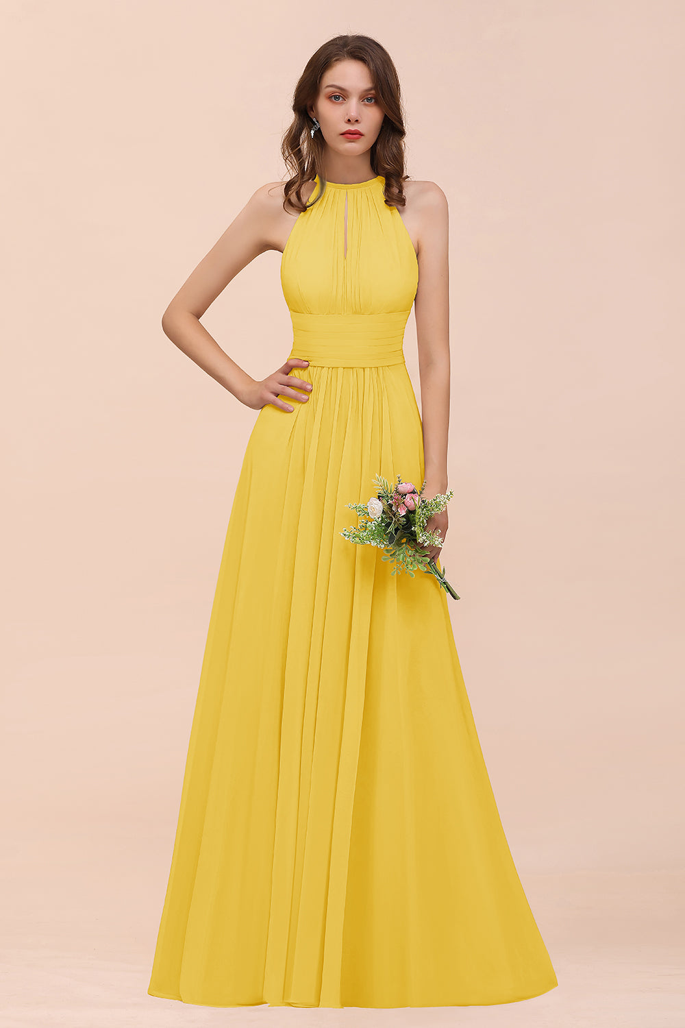 Elegant Chiffon Jewel Ruffle Champagne Affordable Bridesmaid Dresses - Fashionpara