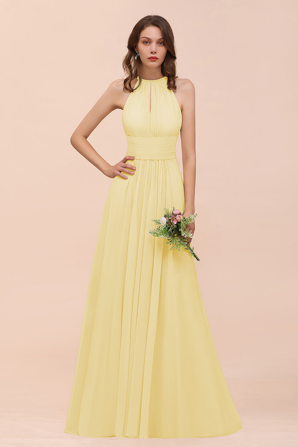 Elegant Chiffon Jewel Ruffle Champagne Affordable Bridesmaid Dresses - Fashionpara