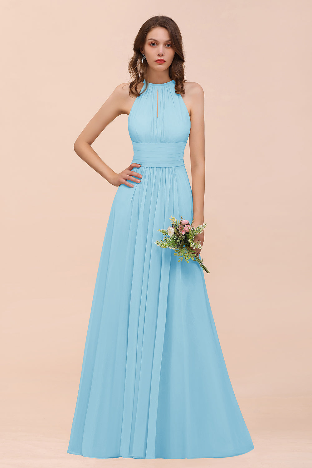 Elegant Chiffon Jewel Ruffle Champagne Affordable Bridesmaid Dresses - Fashionpara