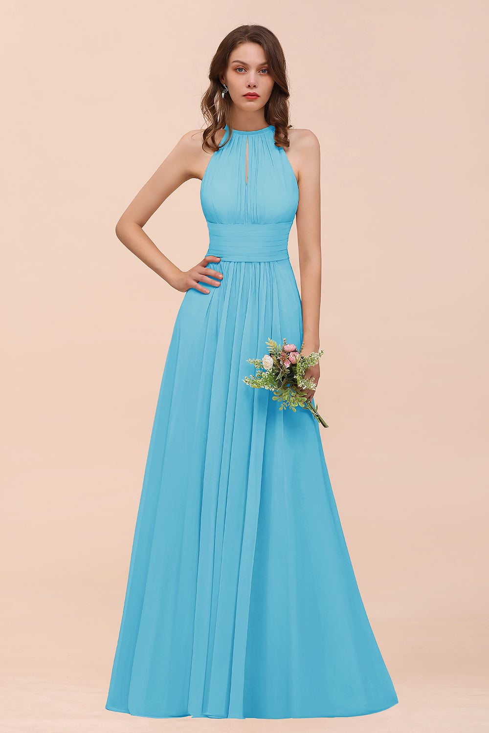 Elegant Chiffon Jewel Ruffle Champagne Affordable Bridesmaid Dresses - Fashionpara