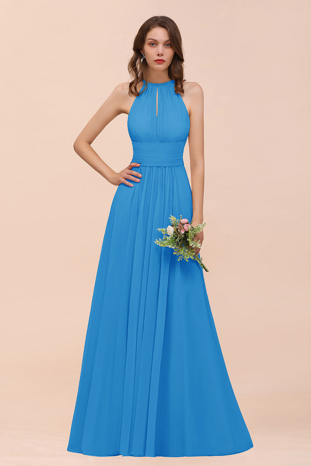 Elegant Chiffon Jewel Ruffle Champagne Affordable Bridesmaid Dresses - Fashionpara