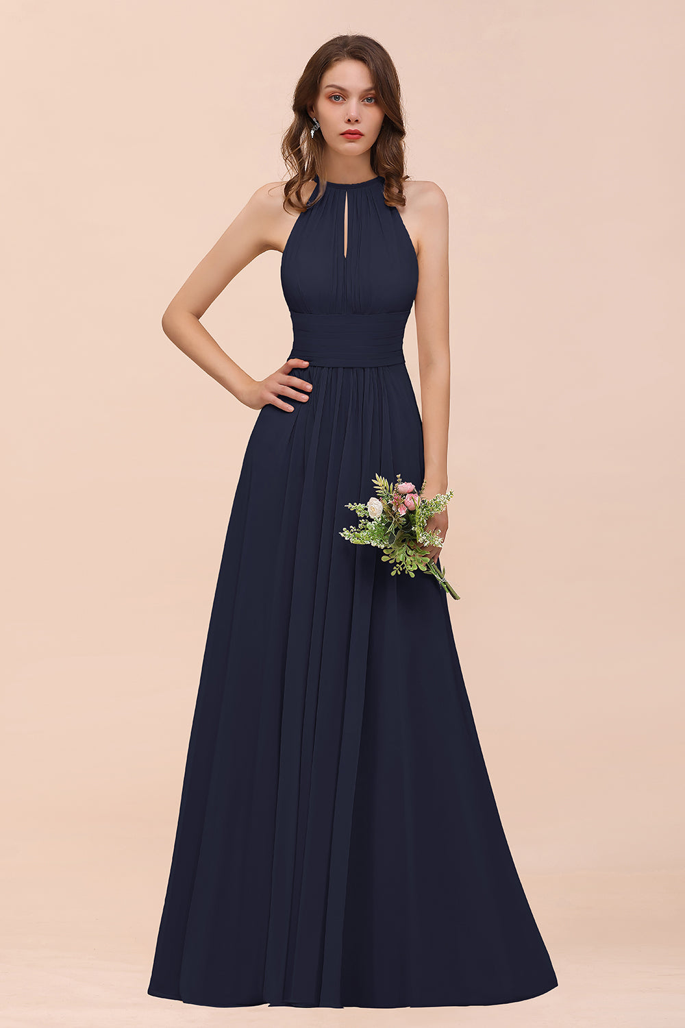 Elegant Chiffon Jewel Ruffle Champagne Affordable Bridesmaid Dresses - Fashionpara