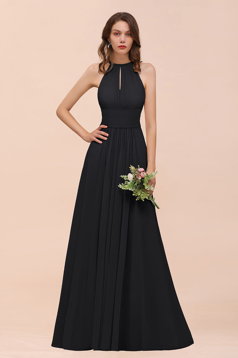 Elegant Chiffon Jewel Ruffle Champagne Affordable Bridesmaid Dresses - Fashionpara