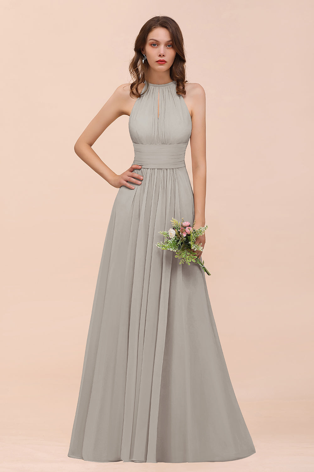 Elegant Chiffon Jewel Ruffle Champagne Affordable Bridesmaid Dresses - Fashionpara