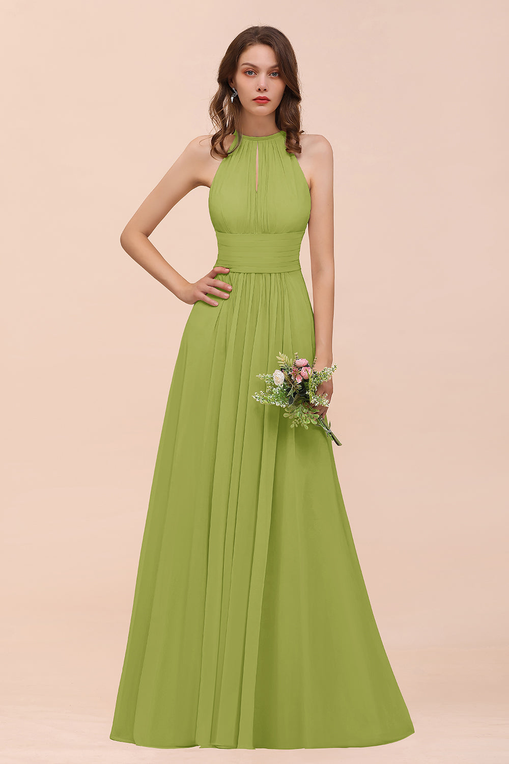 Elegant Chiffon Jewel Ruffle Champagne Affordable Bridesmaid Dresses