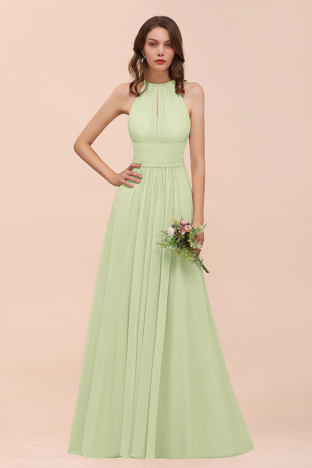 Elegant Chiffon Jewel Ruffle Champagne Affordable Bridesmaid Dresses