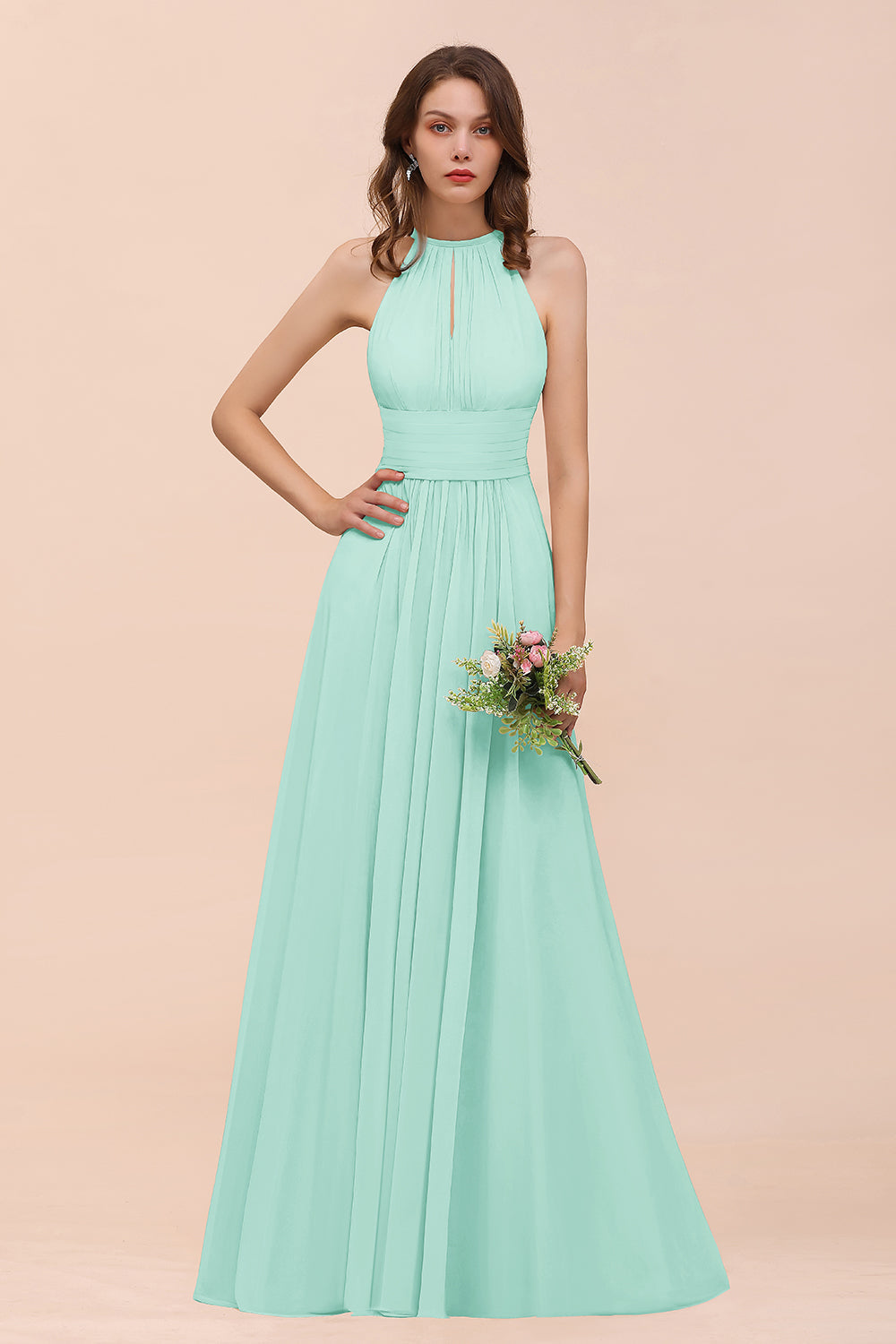Elegant Chiffon Jewel Ruffle Champagne Affordable Bridesmaid Dresses