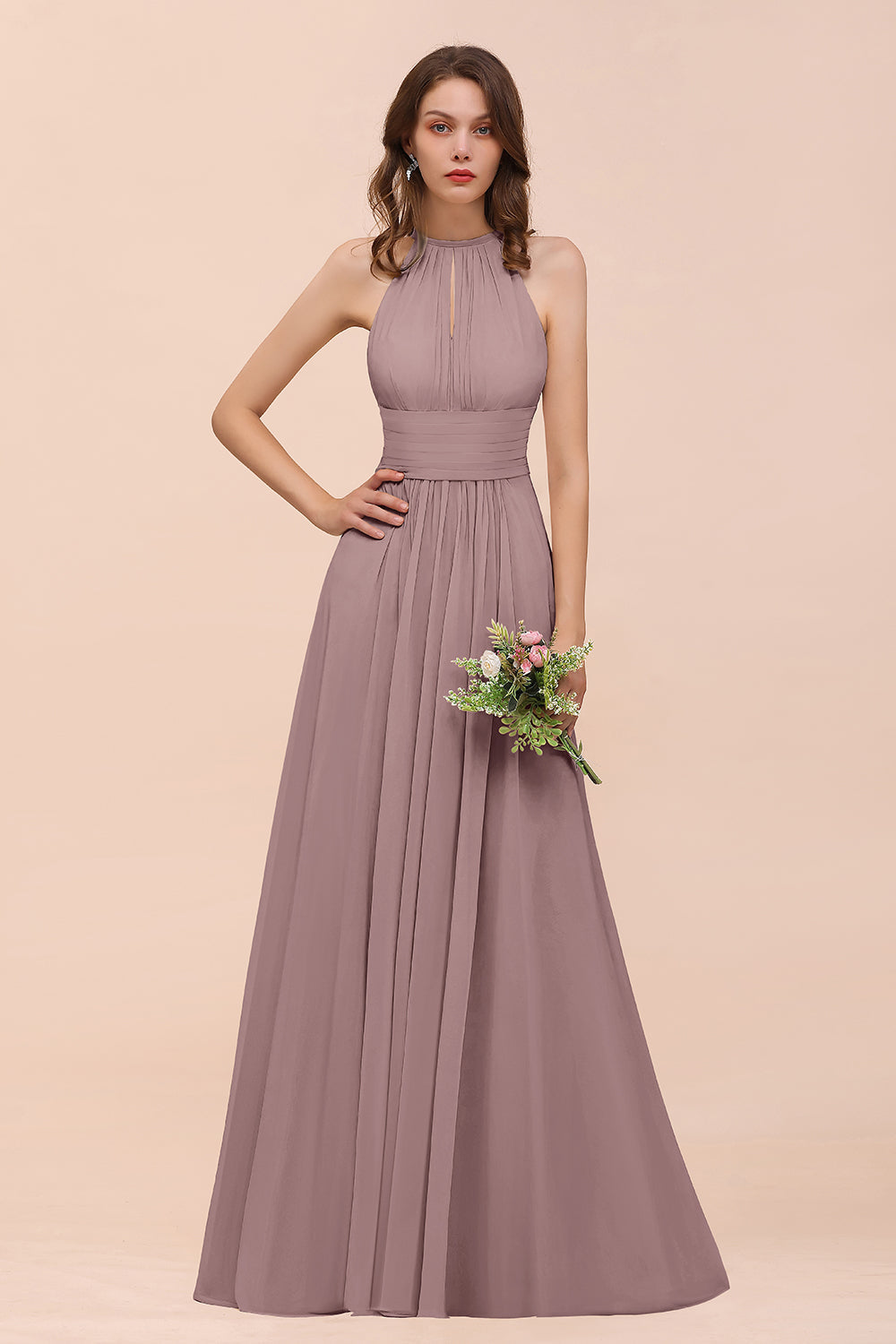 Elegant Chiffon Jewel Ruffle Champagne Affordable Bridesmaid Dresses