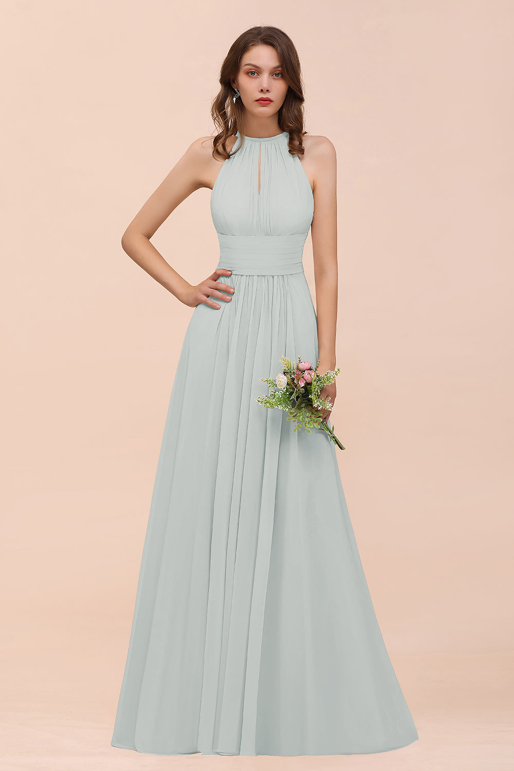 Elegant Chiffon Jewel Ruffle Champagne Affordable Bridesmaid Dresses
