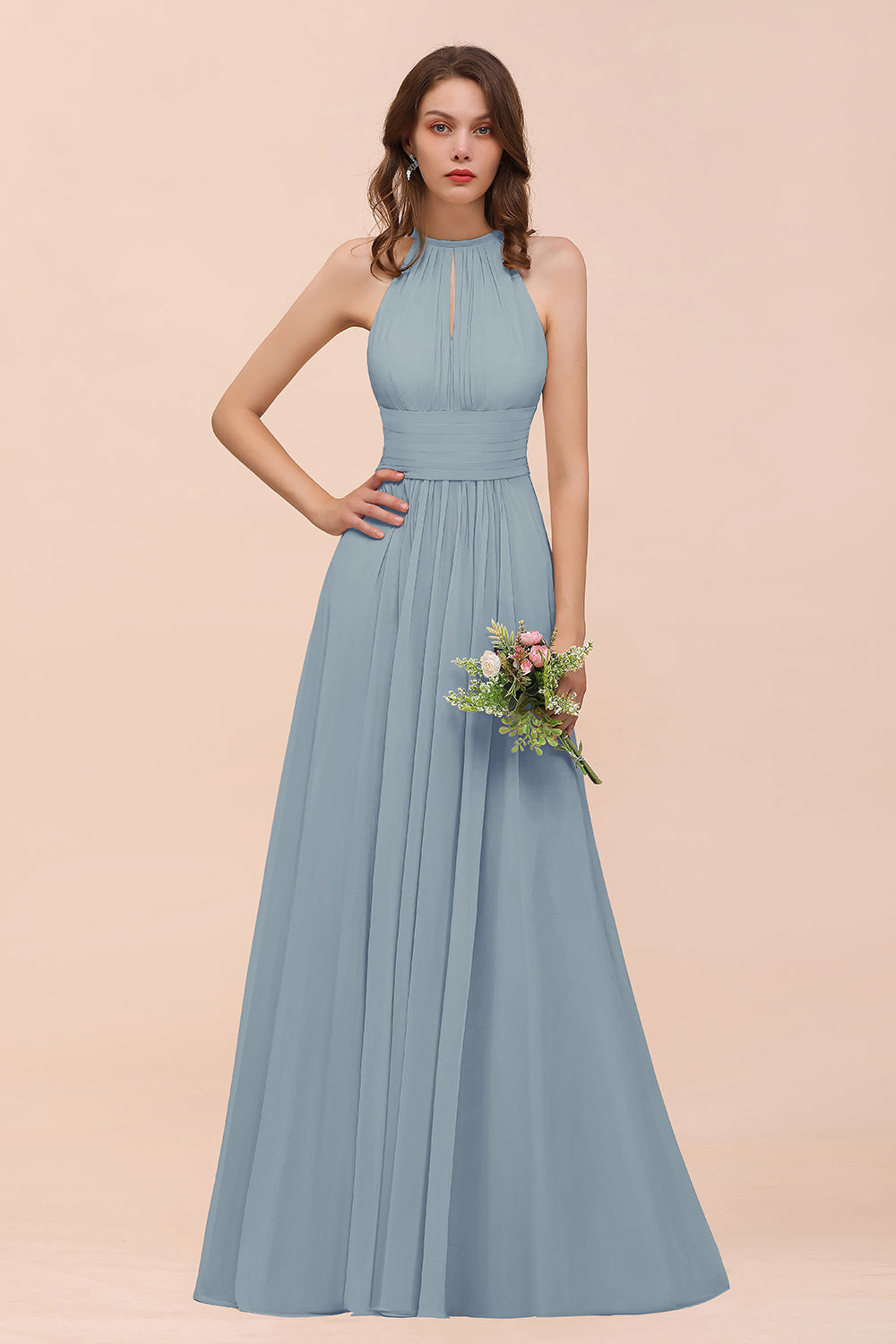 Elegant Chiffon Jewel Ruffle Champagne Affordable Bridesmaid Dresses