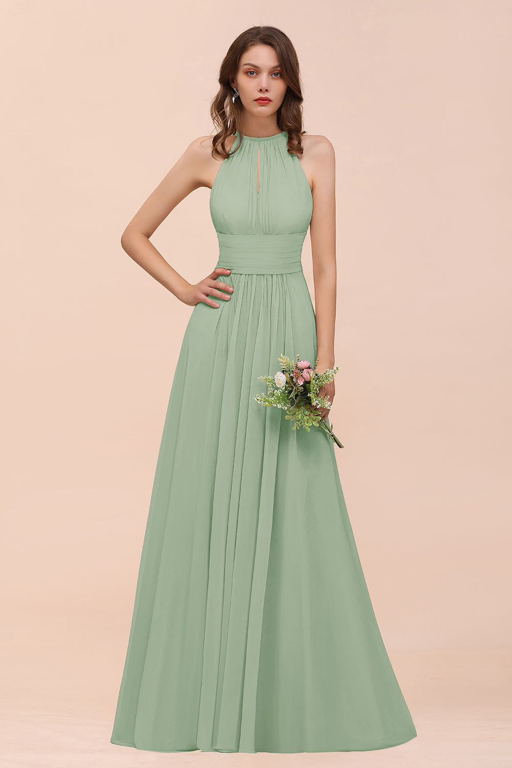 Elegant Chiffon Jewel Ruffle Champagne Affordable Bridesmaid Dresses