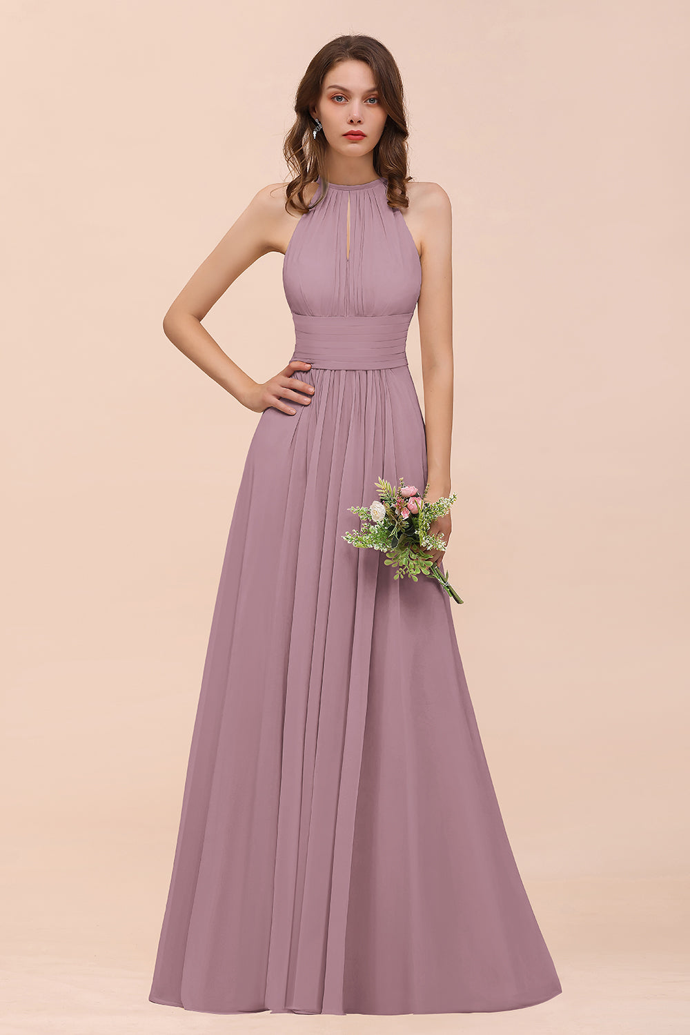 Elegant Chiffon Jewel Ruffle Champagne Affordable Bridesmaid Dresses