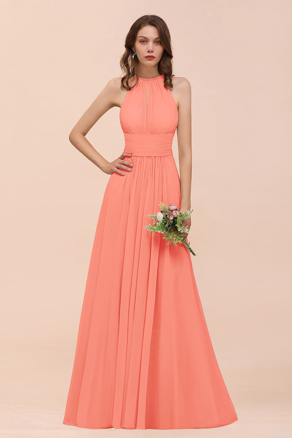 Elegant Chiffon Jewel Ruffle Champagne Affordable Bridesmaid Dresses
