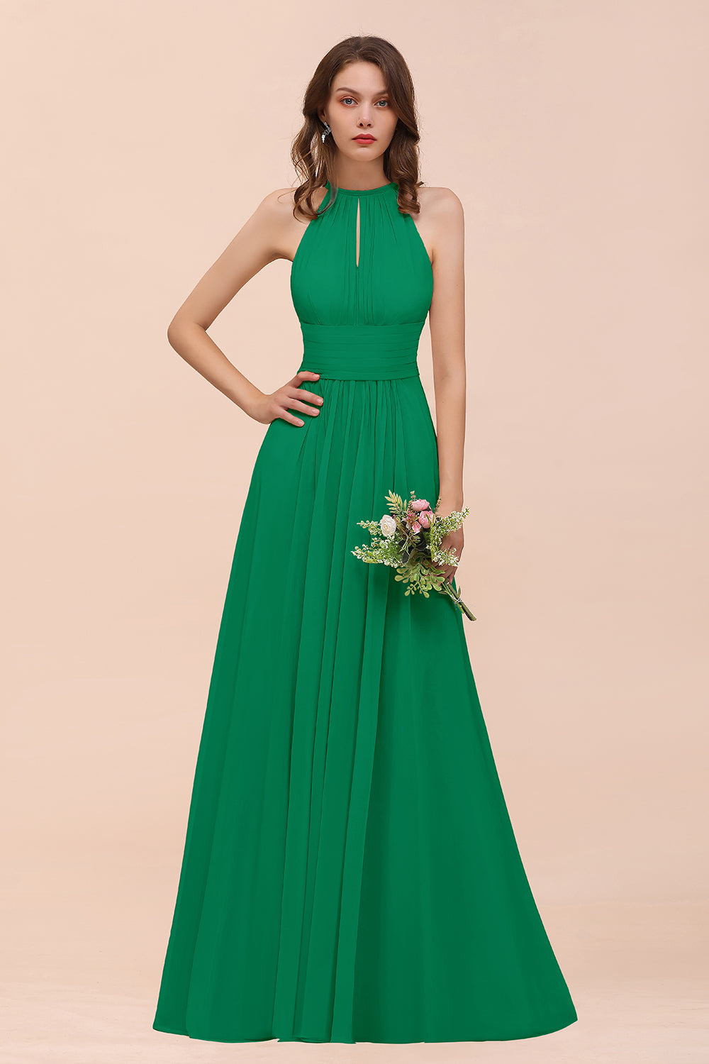 Elegant Chiffon Jewel Ruffle Champagne Affordable Bridesmaid Dresses