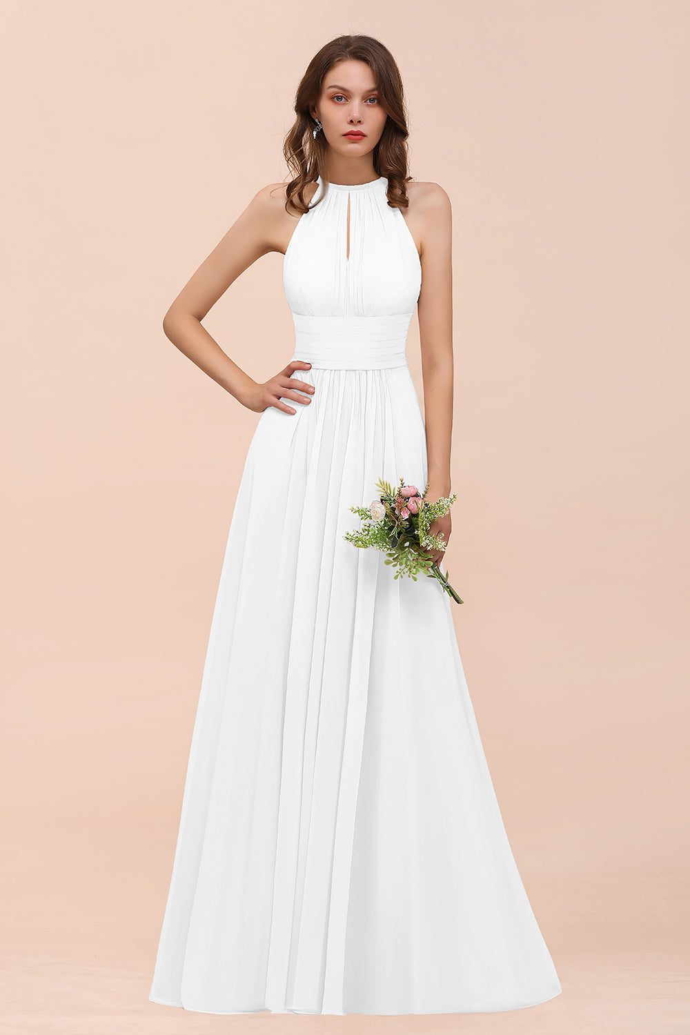 Elegant Chiffon Jewel Ruffle Champagne Affordable Bridesmaid Dresses - Fashionpara