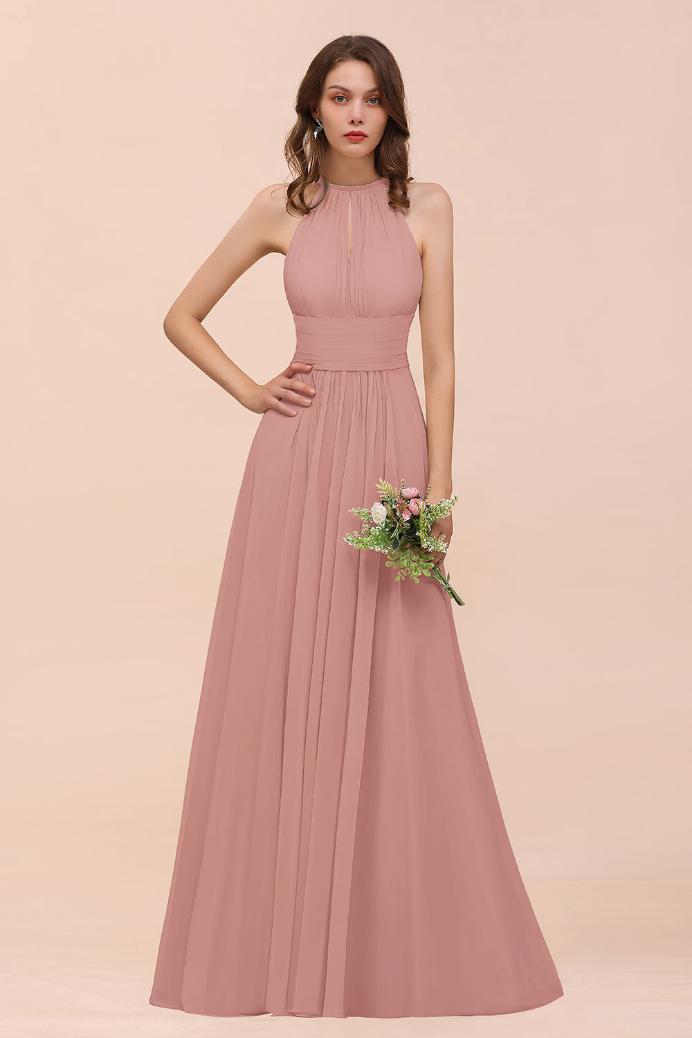 Elegant Chiffon Jewel Ruffle Champagne Affordable Bridesmaid Dresses