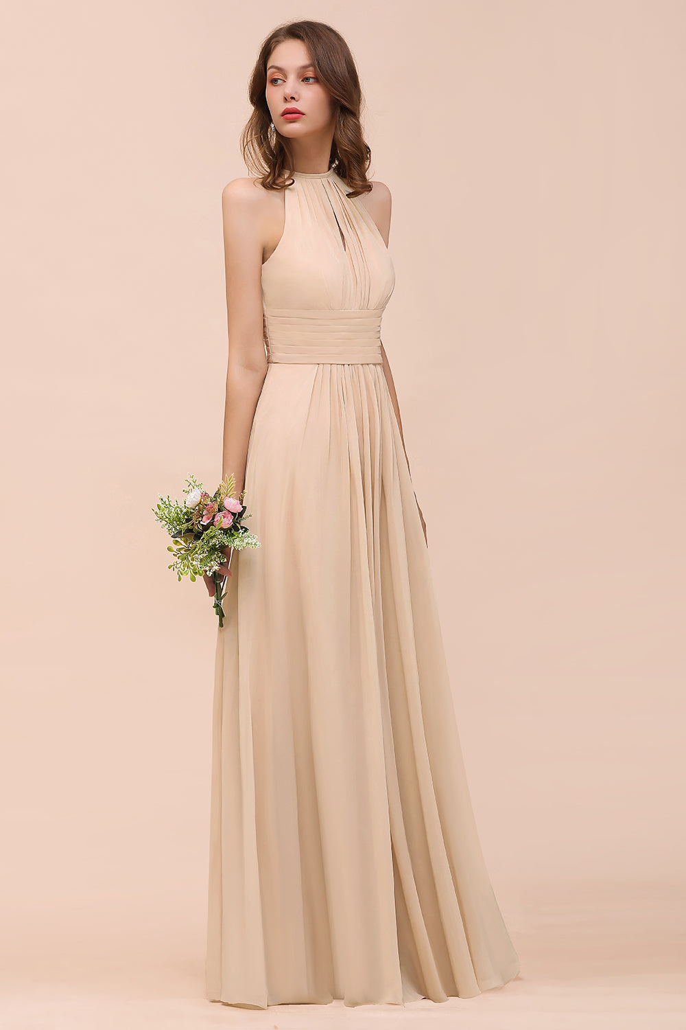 Elegant Chiffon Jewel Ruffle Champagne Affordable Bridesmaid Dresses