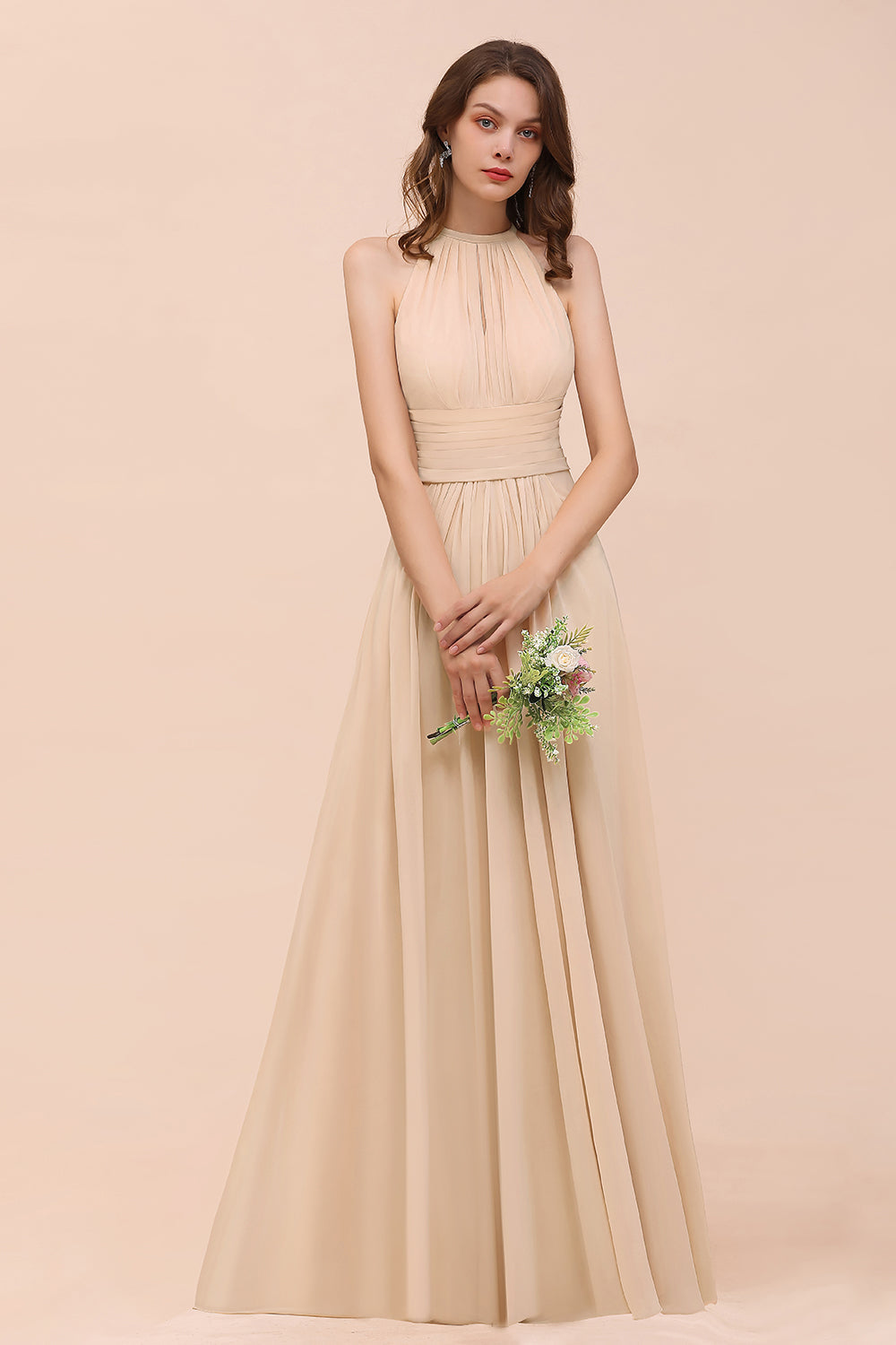 Elegant Chiffon Jewel Ruffle Champagne Affordable Bridesmaid Dresses