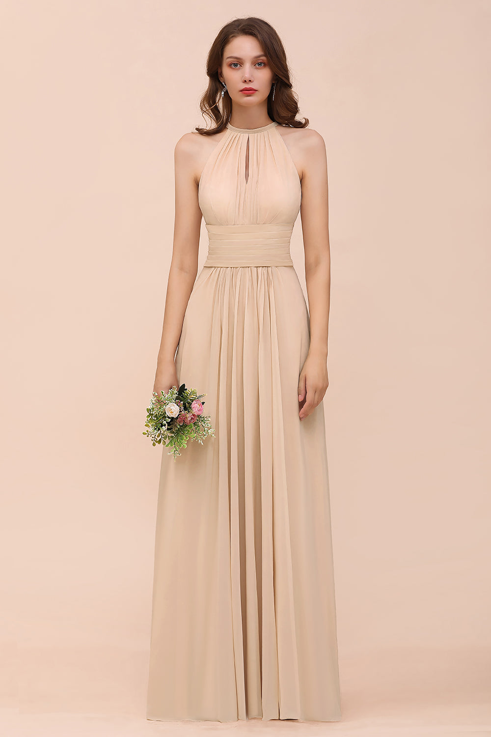 Elegant Chiffon Jewel Ruffle Champagne Affordable Bridesmaid Dresses