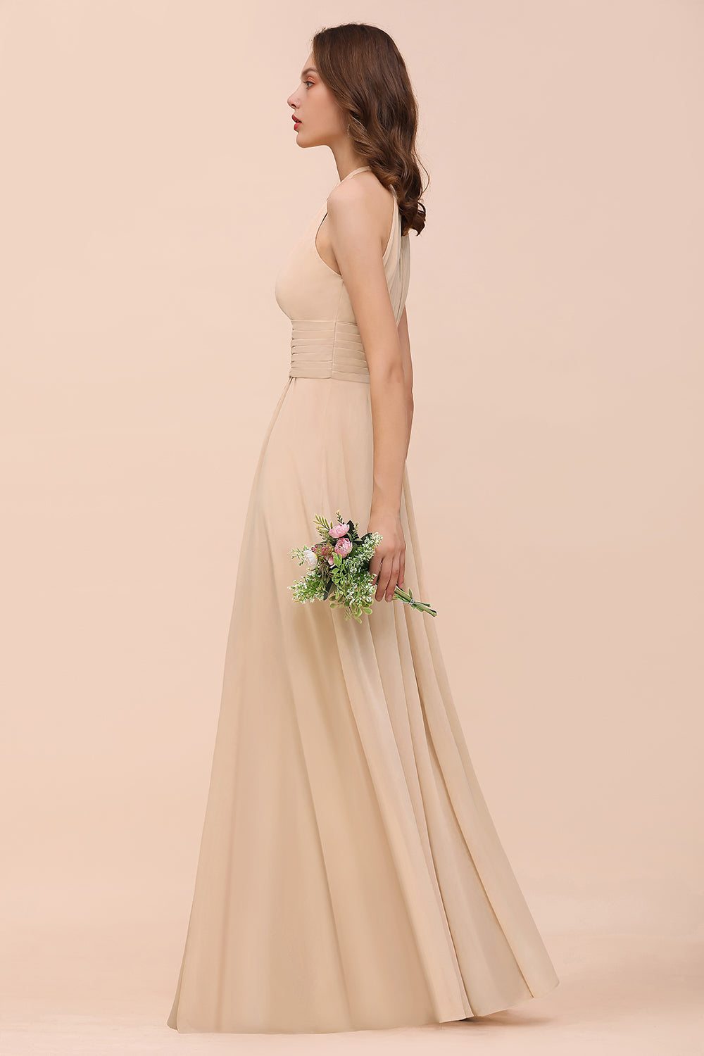 Elegant Chiffon Jewel Ruffle Champagne Affordable Bridesmaid Dresses