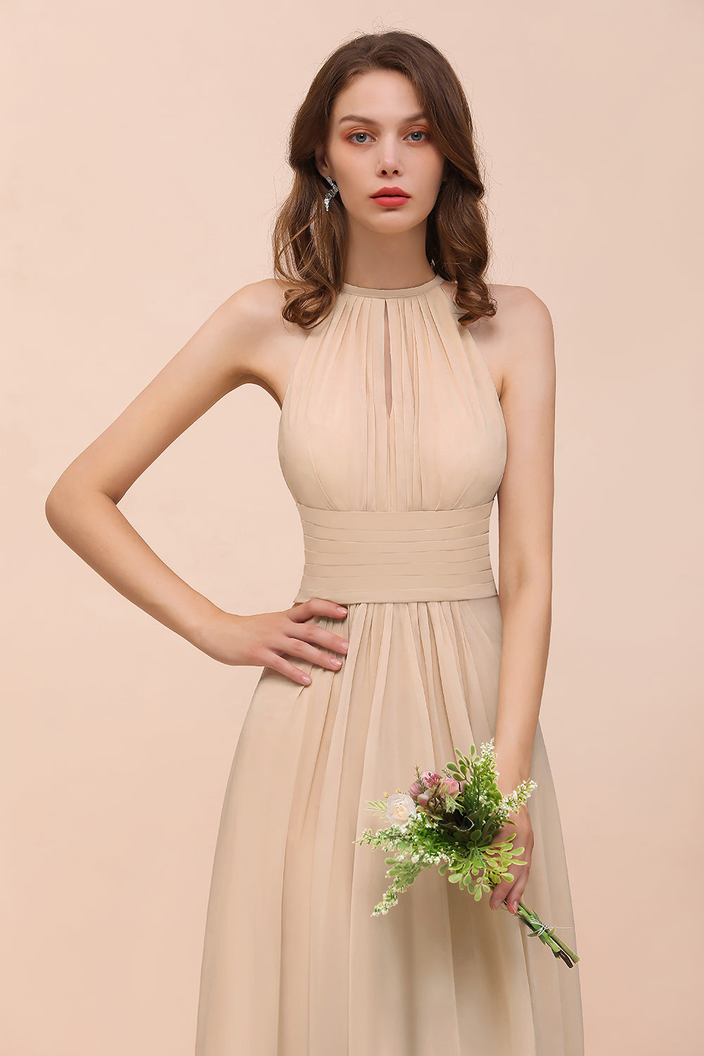 Elegant Chiffon Jewel Ruffle Champagne Affordable Bridesmaid Dresses