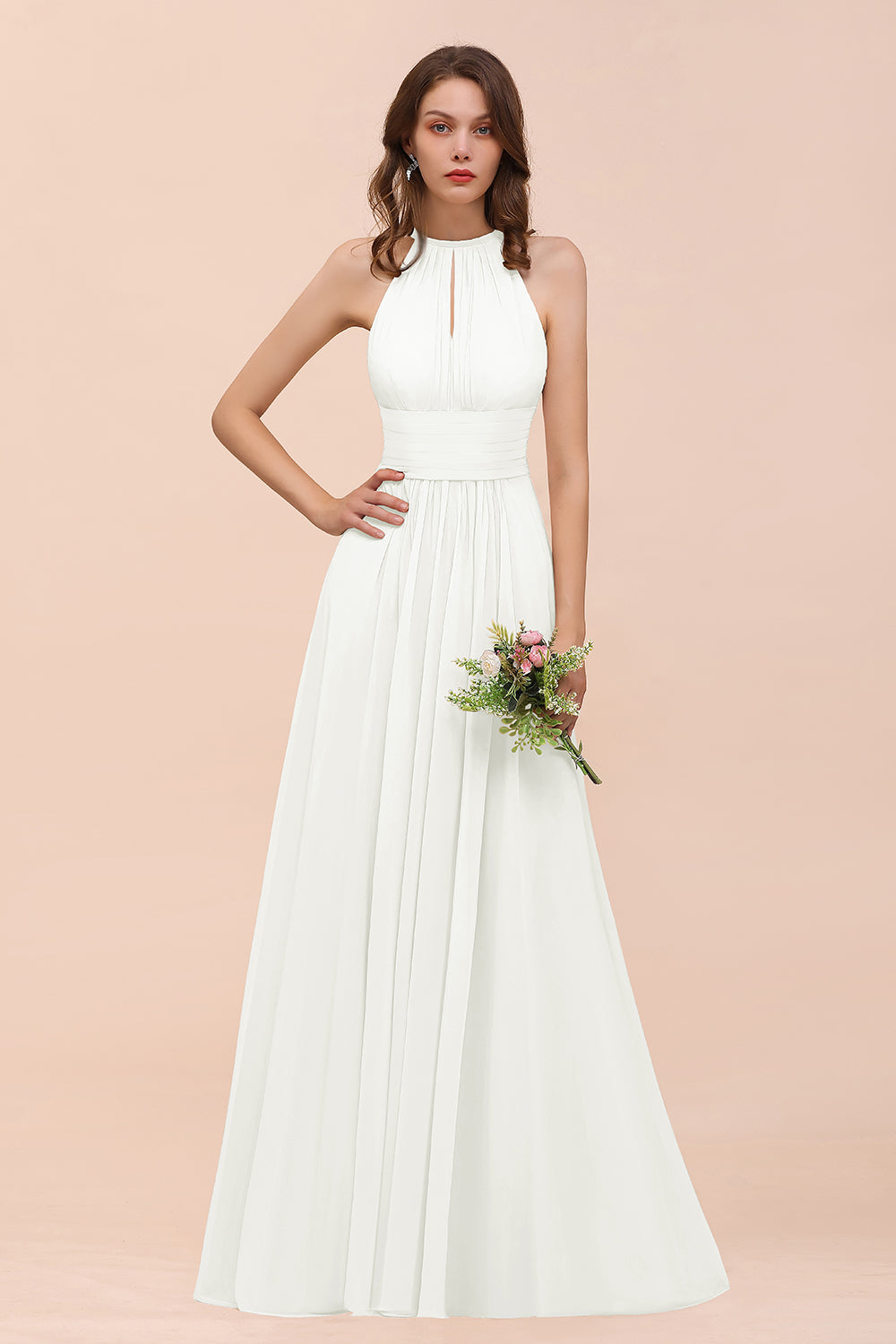 Elegant Chiffon Jewel Ruffle Champagne Affordable Bridesmaid Dresses - Fashionpara