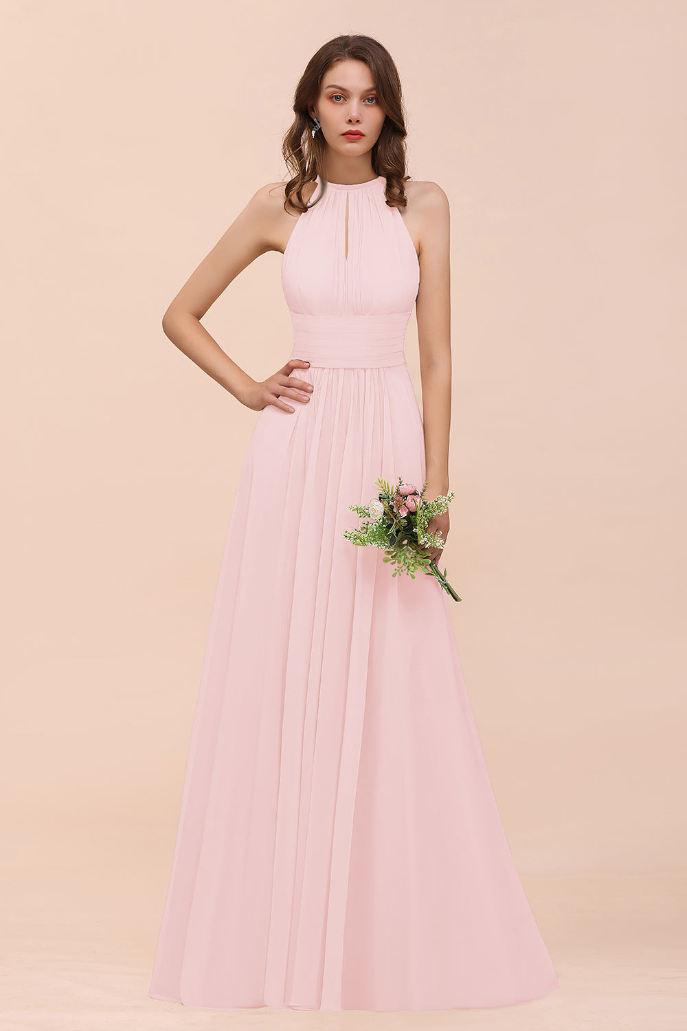 Elegant Chiffon Jewel Ruffle Champagne Affordable Bridesmaid Dresses - Fashionpara