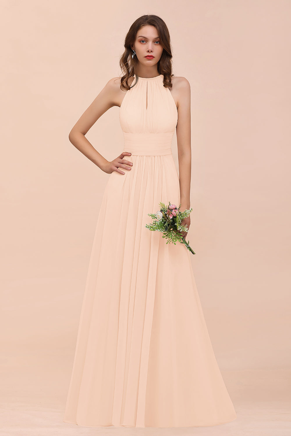 Elegant Chiffon Jewel Ruffle Champagne Affordable Bridesmaid Dresses - Fashionpara