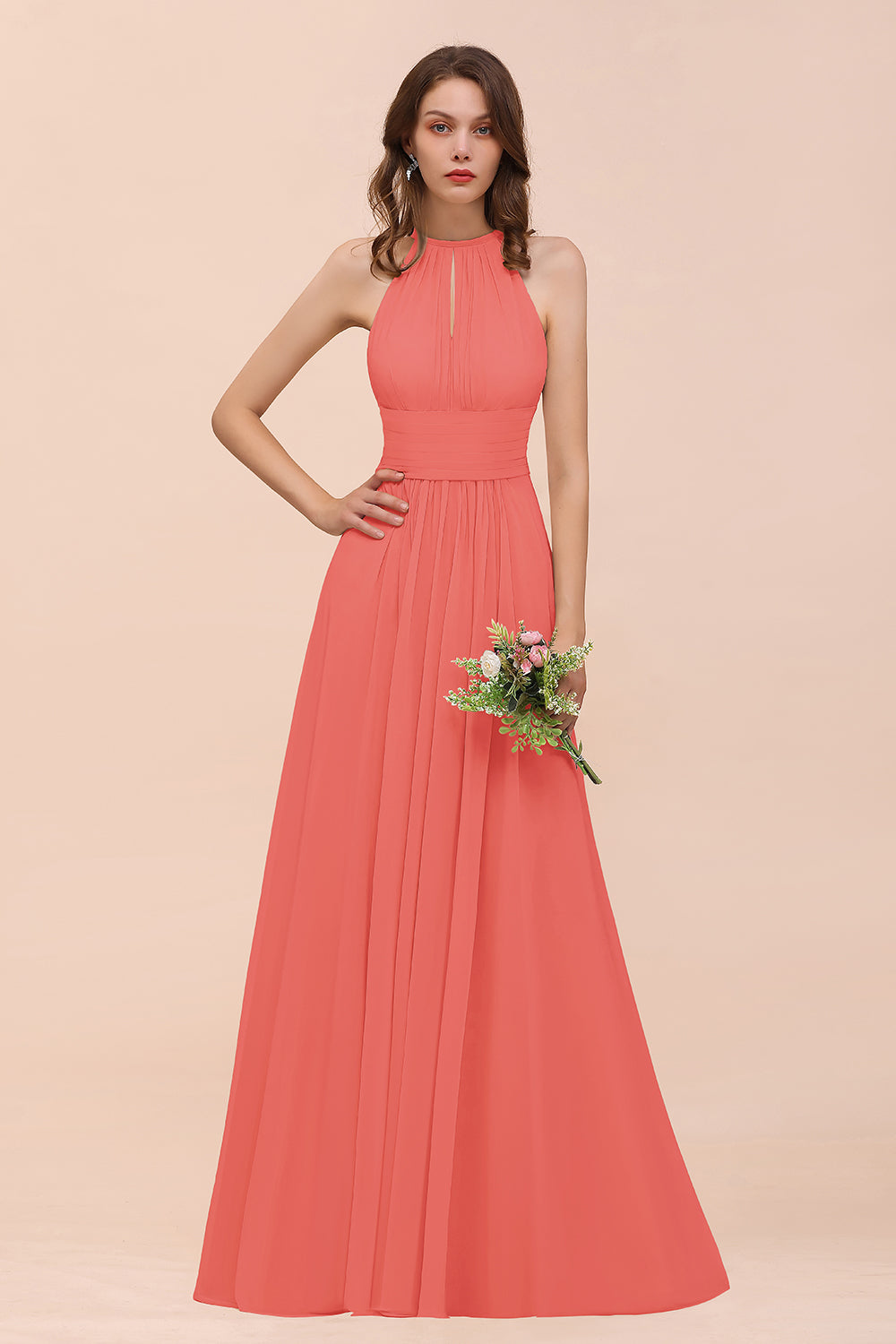 Elegant Chiffon Jewel Ruffle Champagne Affordable Bridesmaid Dresses - Fashionpara