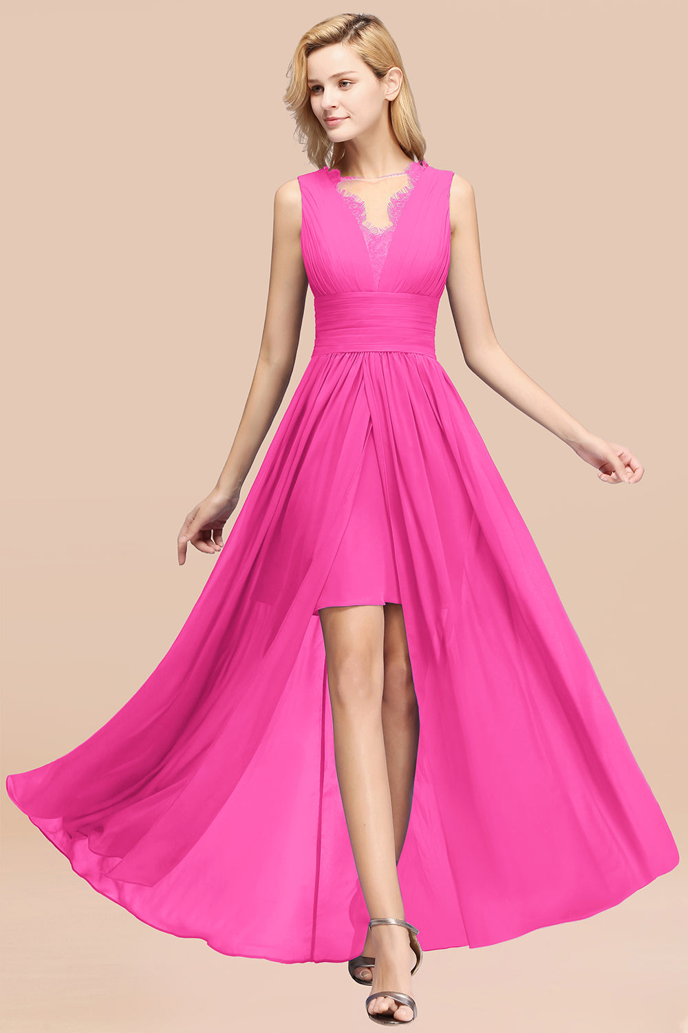 Elegant Chiffon Lace Jewel Sleeveless Bridesmaid Dresses with Ruffle - Fashionpara