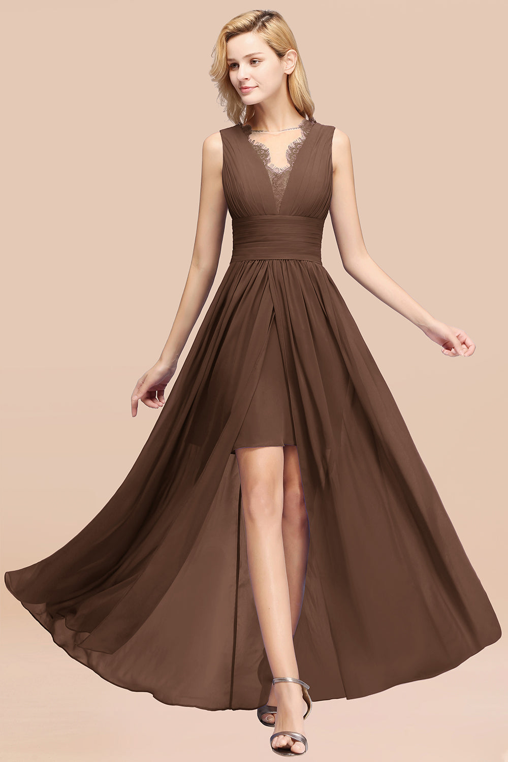 Elegant Chiffon Lace Jewel Sleeveless Bridesmaid Dresses with Ruffle - Fashionpara
