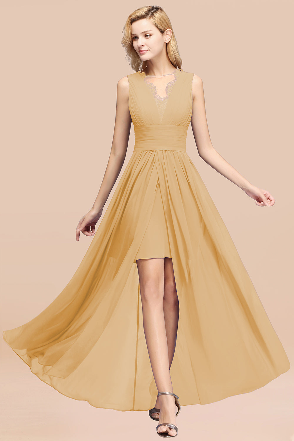 Elegant Chiffon Lace Jewel Sleeveless Bridesmaid Dresses with Ruffle - Fashionpara